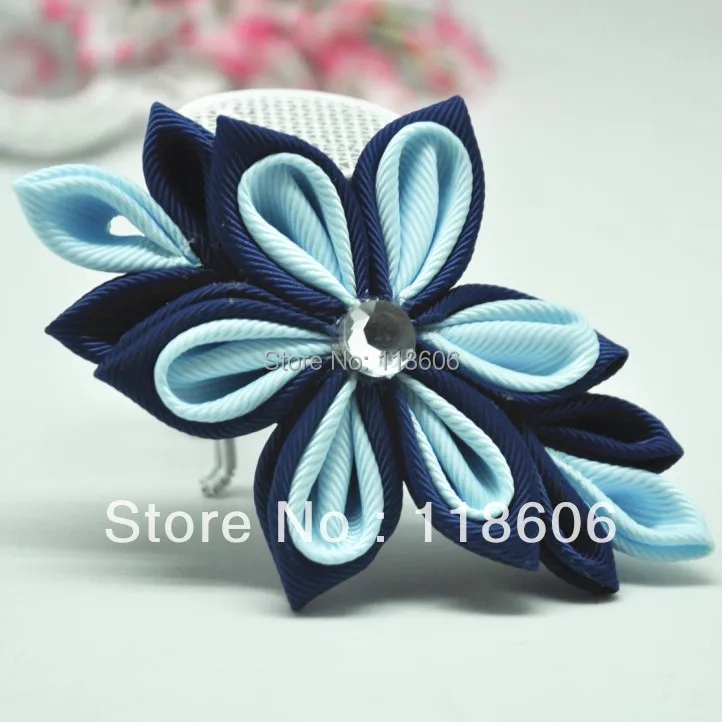 Розница 40 шт./лот заколка для волос Kanzashi цветок фиолетовая и синяя лента без