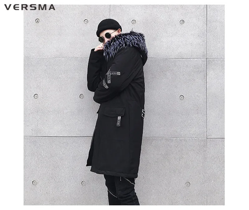 VERSMA, японский Harajuku, большие размеры, Длинные Молодежные зимние куртки, пальто, парки для мужчин, в стиле хип-хоп, с лентами, в стиле пэчворк, с меховым воротником, Мужская парка