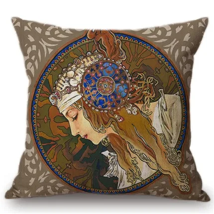 10 Vintage European Art Nouveau Mucha Gallery Decorative Sofa Pillow Cover Beautiful Beauty Girl Cotton Linen Luxury Cushion Cover - Цвет: 10