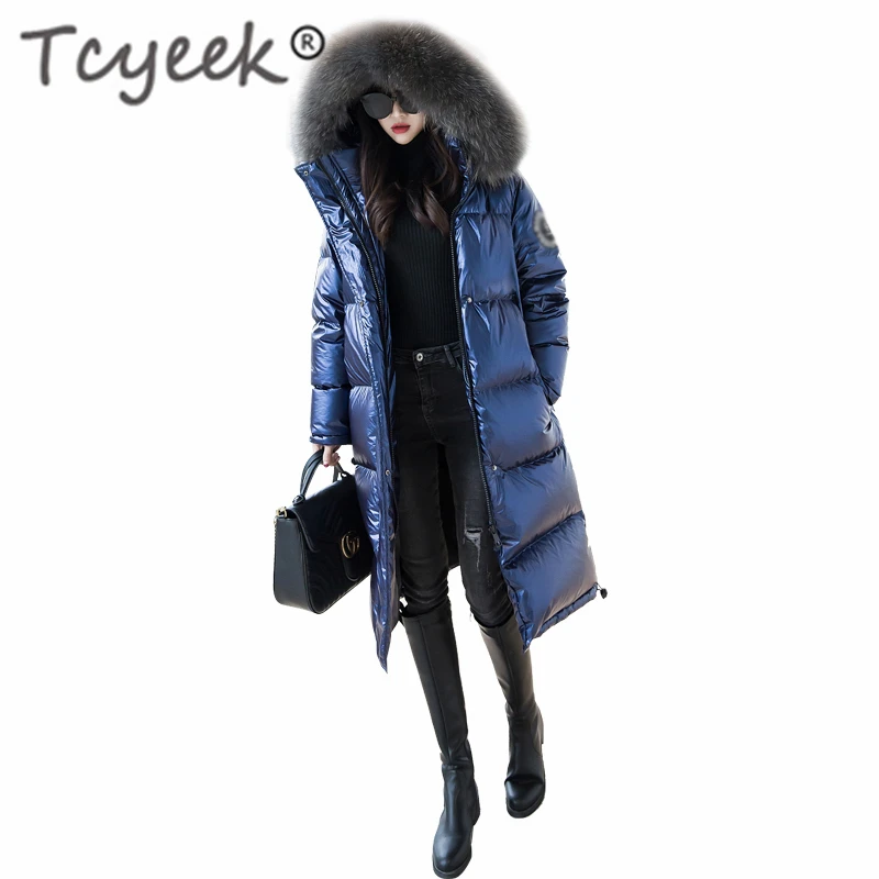 Tcyeek, зимние куртки для женщин, 90% белый утиный пух, светильник, парки+ Большие меховые пальто с капюшоном, длинный пуховик, теплая Повседневная плотная верхняя одежда, LW1005