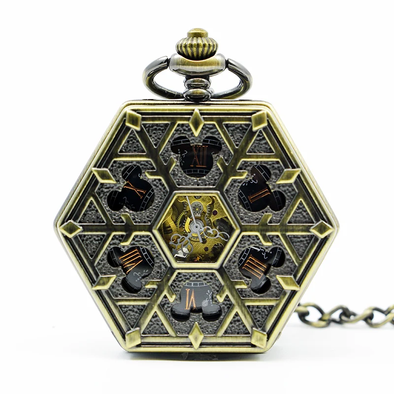 

Fashion Hexagon Shape Carving Roman Numerals Skeleton Watch Creative Snowflake Hand Winding Mechanical Pocket Watch PJX1268