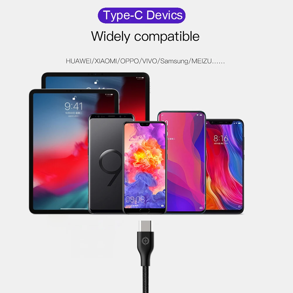 Для samsung Galaxy S8/S9/S10 Note8/9, type C 3A кабель для быстрой зарядки мобильного телефона QC3.0/AFC/FCP для HUAWEI Xiaomi 8/9/SE(2 упаковки