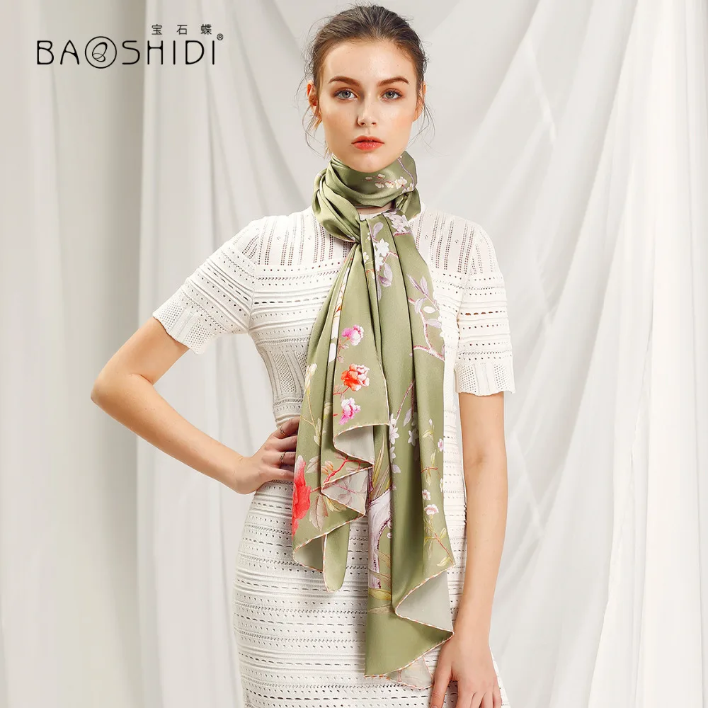 

Женский шарф BAOSHIDI, длинный шарф из 100% шелка и сатина с цветочным принтом, Весенняя мода 2018