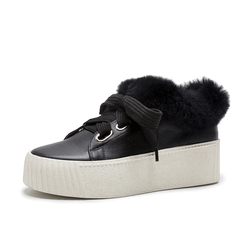 black with plush Kcenid/Женская обувь из коровьей кожи на плоской подошве; женские теплые кроссовки с натуральным кроличьим мехом; женская обувь; повседневная обувь на платформе со шнуровкой - Цвет: black with plush
