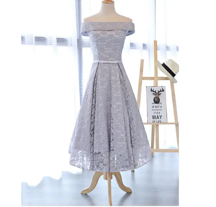 

Vestidos para bodas invitados new Boat Neck lace short sleeve a Line silver red bridsmaid dresses Tea Length brautjungfernkleid