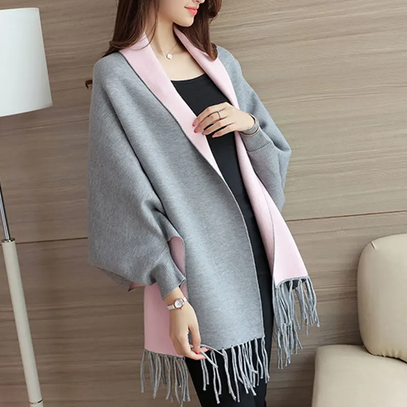 2017 New Autumn Female Poncho Loose Women Open Stitch Cardigan Cashmere Sweater Solid Full Sleeve Tassel Knitted Outerwear A829 |