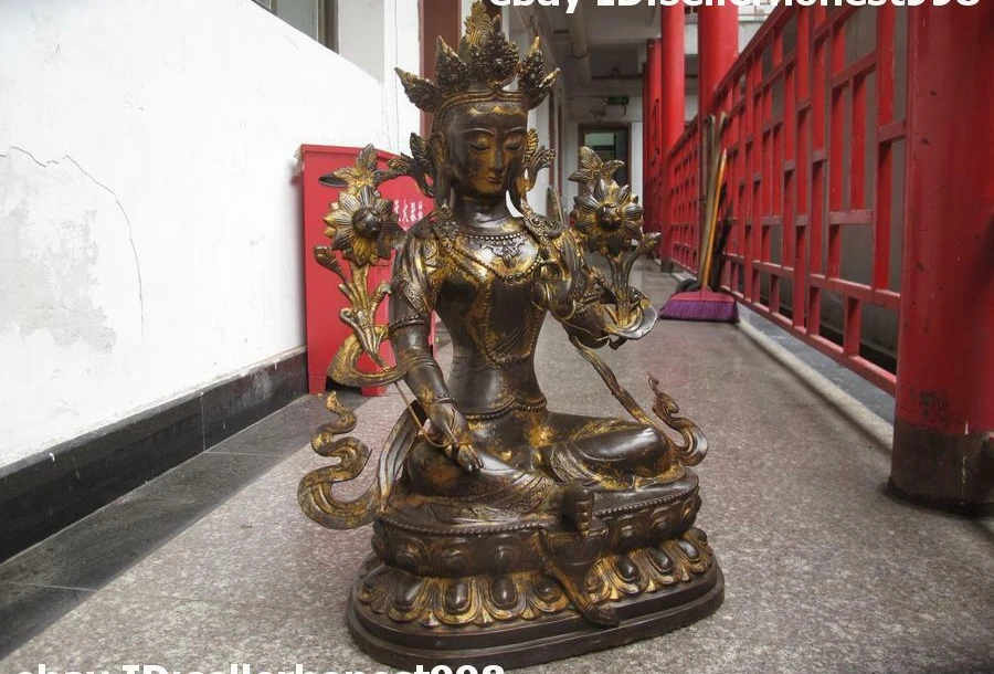 28 тибетская буддистская стандартная бронзовая медная позолоченная статуя Кван