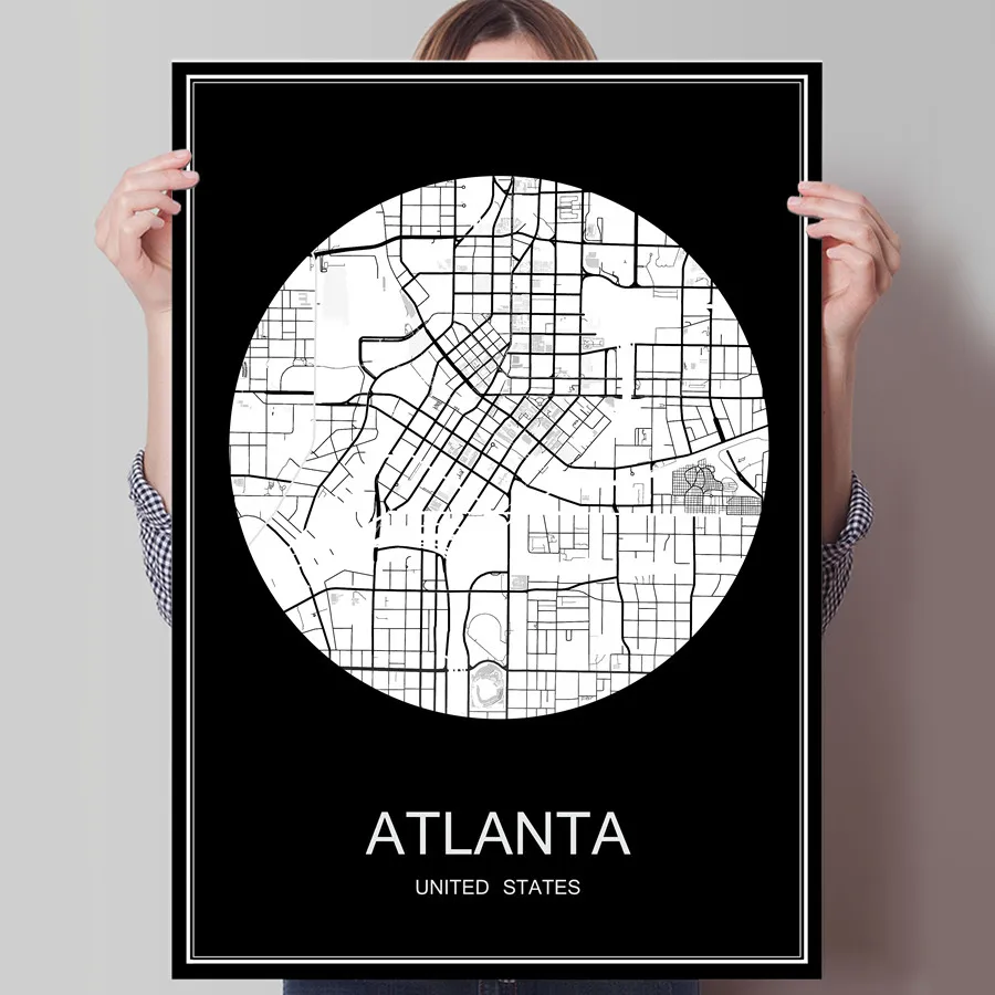 Карта городов мира Атланта США печать плаката на бумаге или холсте Наклейка