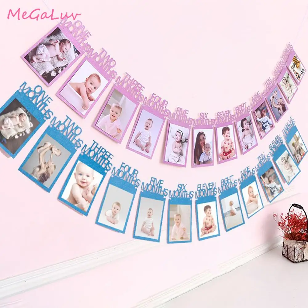 

12 Months Photo Frame Happy Birthday Banner 1st First Birthday Party Decorations Kids Baby Boy Girl My 1 One Year Party Supplies