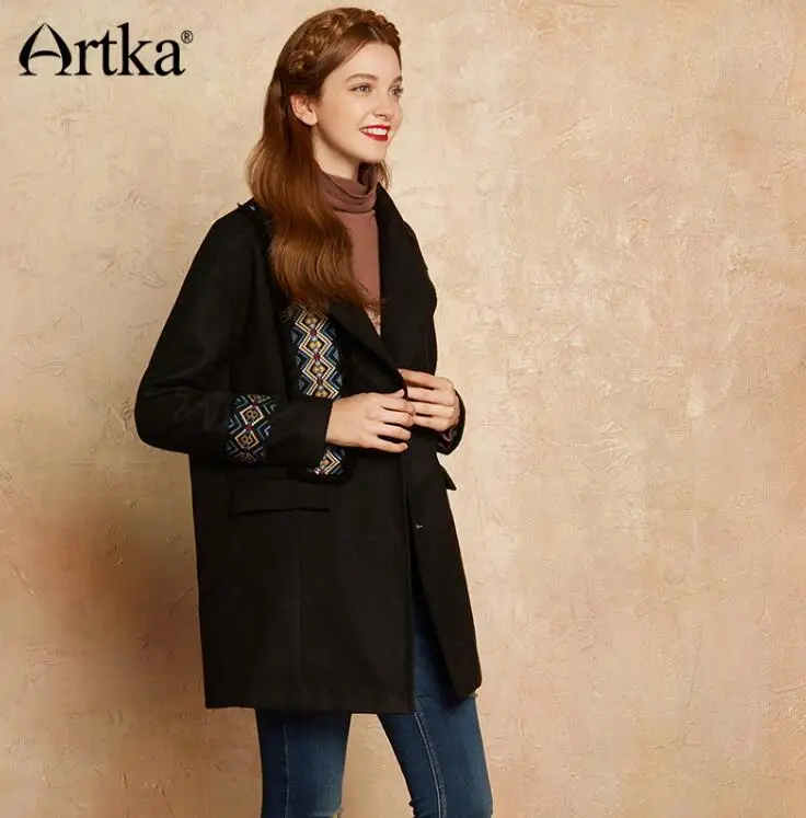 Черный ARTKA, Осеннее Женское шерстяное пальто,, зимняя куртка, Женское пальто с вышивкой, Женская винтажная элегантная верхняя одежда, этическая куртка FA10177Q - Цвет: Черный
