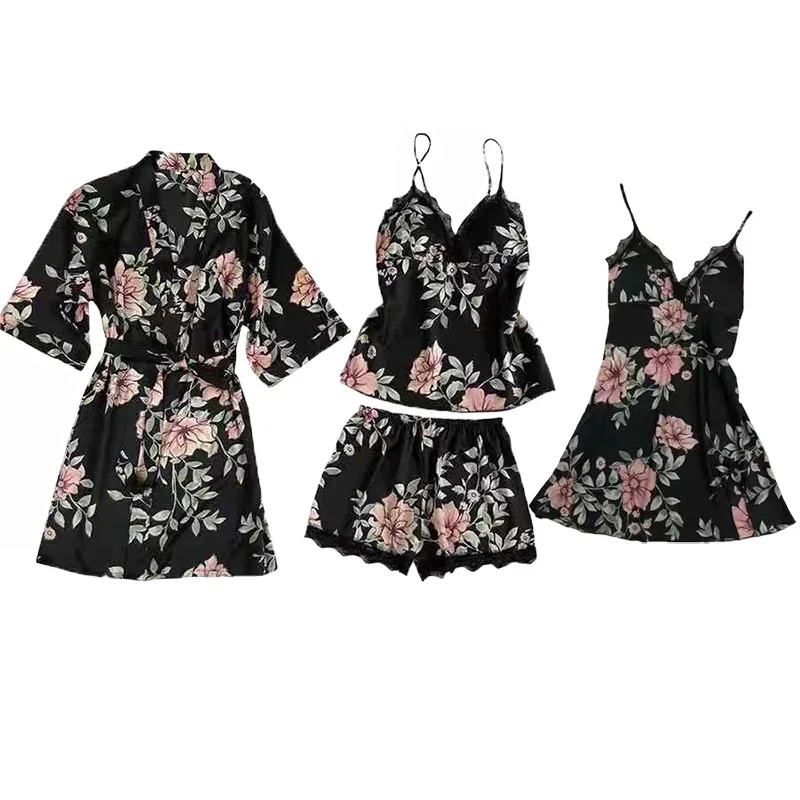 Женские атласные пижамы комплект из 4 предметов жилетка без рукавов шорты и