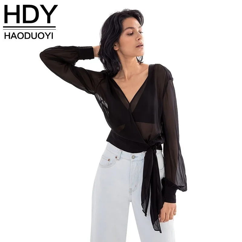 Женская Прозрачная Футболка HDY Haoduoyi Свободный Топ с треугольным вырезом и