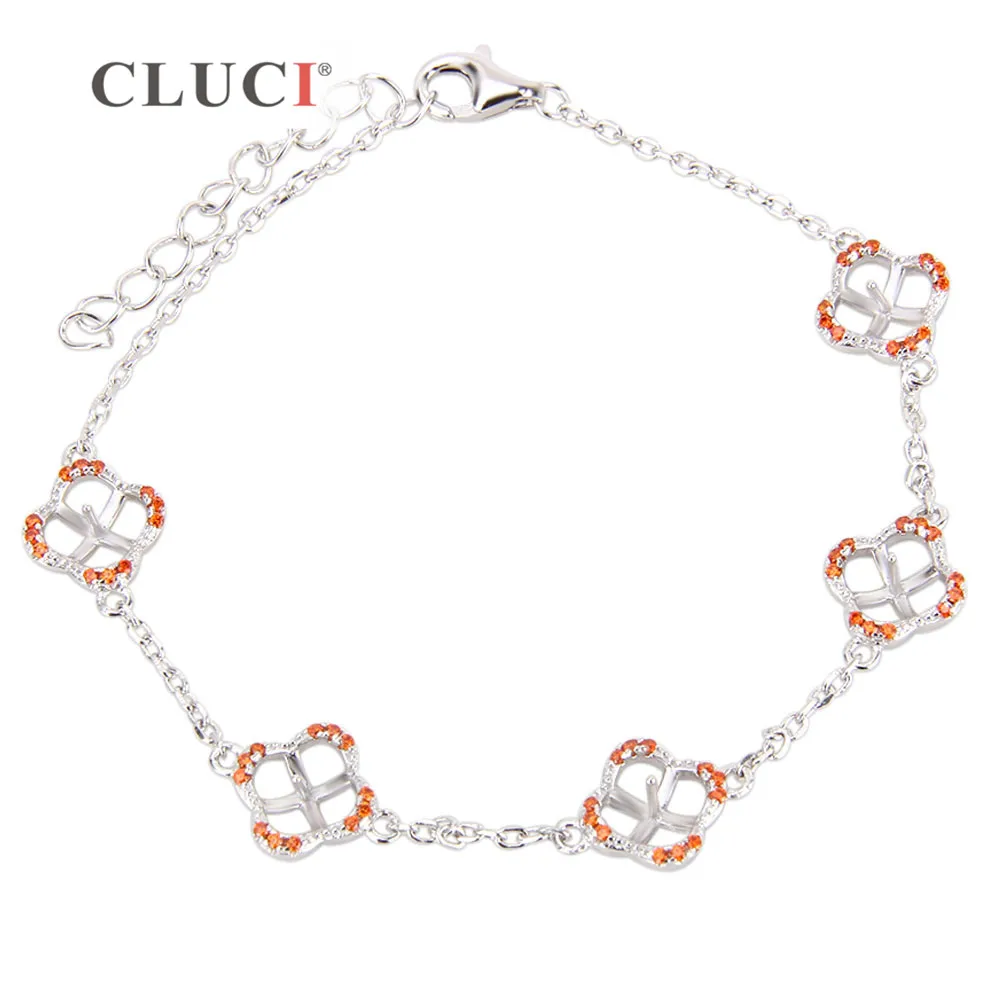 

CLUCI 925 Sterling Silver Four Leaf Clover Bracelet Mounting with red zircons Women Fashion lucky flower Charm Bracelet SB062SB