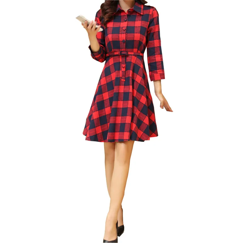 Ретро красный плед блузка рубашка платье Для женщин-лен отложной воротник с