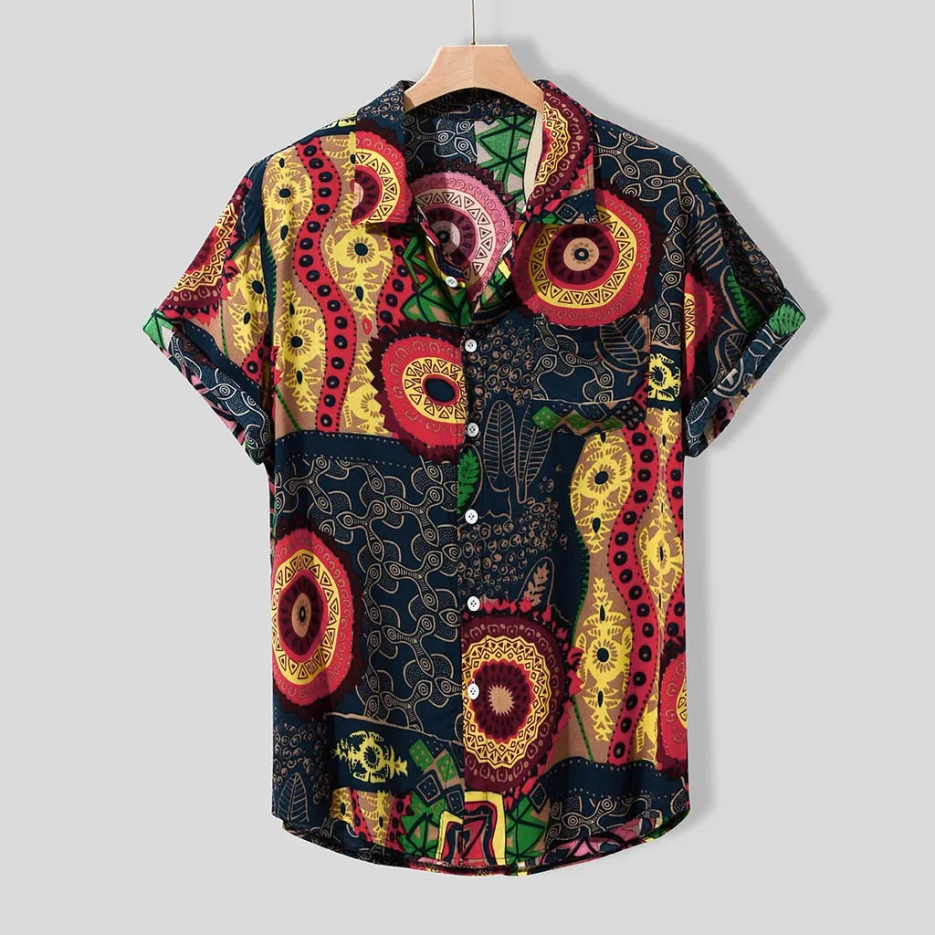Hot sale New Summer Men Shirts Vintage Ethnic Printed Turn Down Collar Short Sleeve Loose Casual Tops camisas hombre