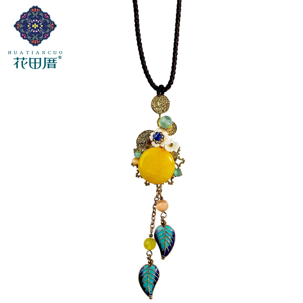 

Ethnic Handmade Round Yellow Stone Pendant Necklace Drip Leaves Shell Flower Rope Chain Sweater Chain Pendant Necklace CL-18024