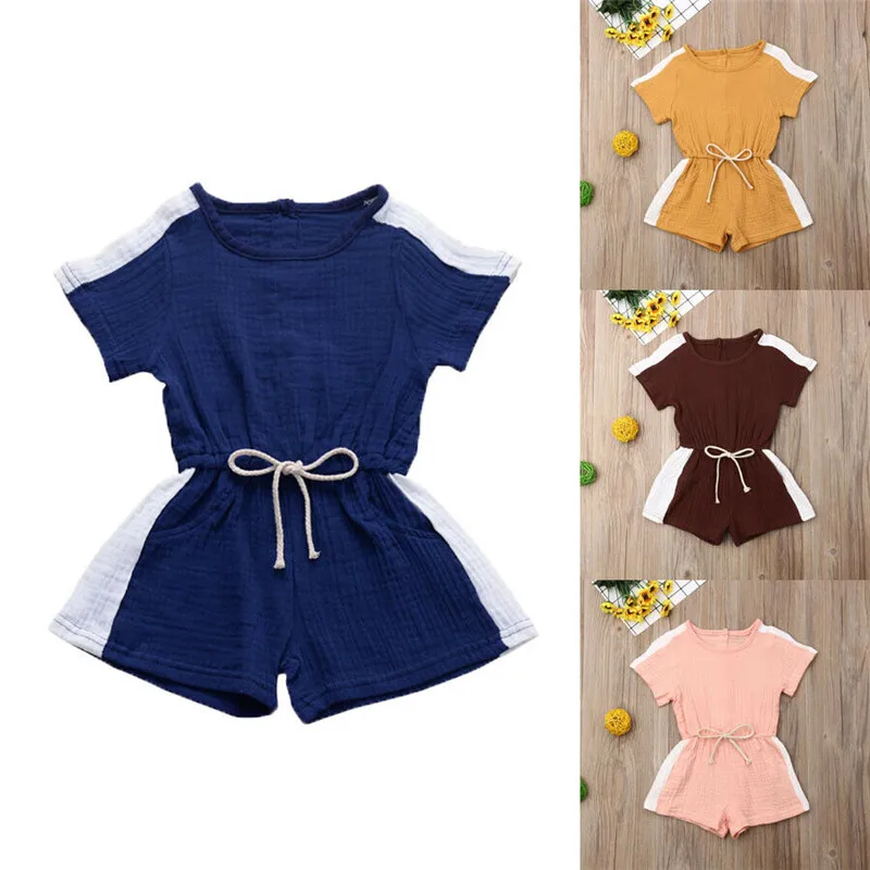 

Summer Toddler Kids Baby Girls clothes pocket Bandage round neck Geometry Romper sleeveless cotton lovely Playsuit one pieces