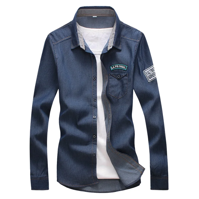 2019 Spring and Autumn Fashion New Men's Casual Boutique Denim Long Sleeve Shirt / Slim Cotton Washed | Мужская одежда