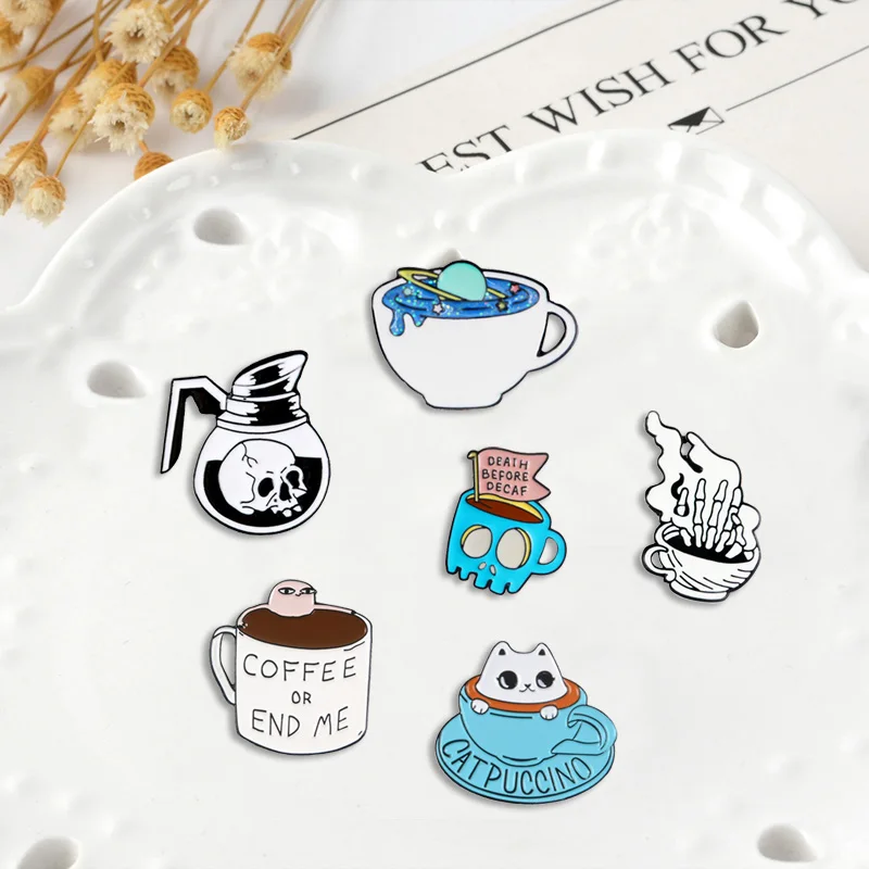 Cup and coffee skull stars Cat combination Denim Enamel lapel pins collection Badges Brooches Gifts for friend Jewelry wholesale images - 5