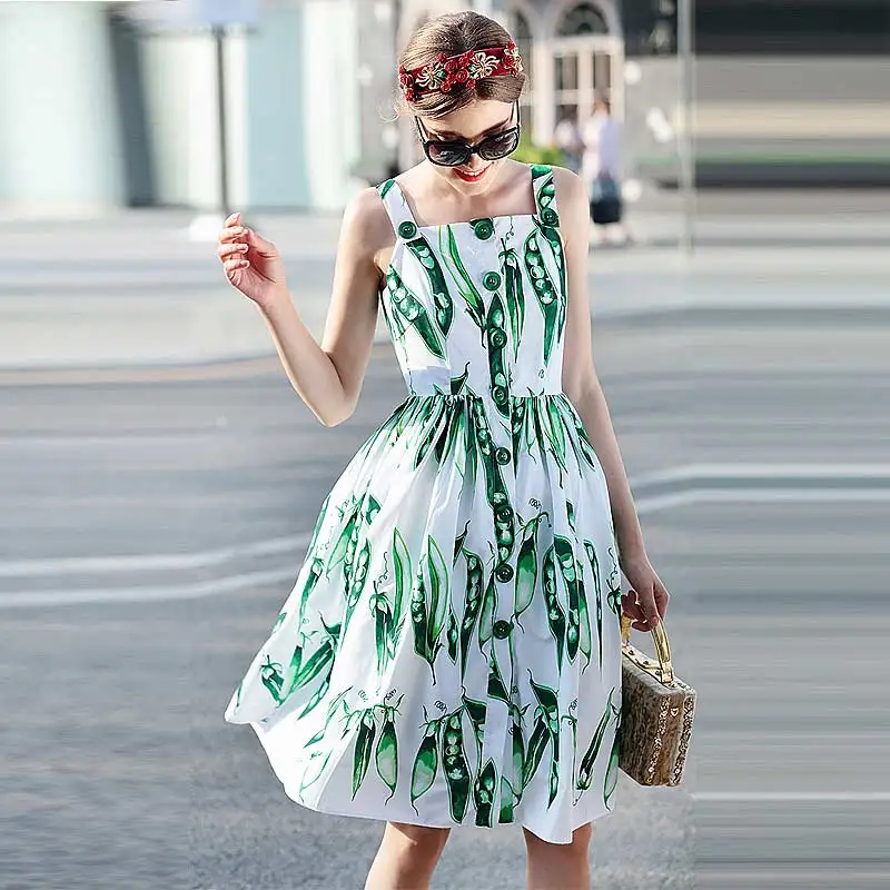 

XF Summer 2018 Runway High-Quality Fashion Designer Retro Dress Party Women'S Strap Pea Printed Street Vintage Dress