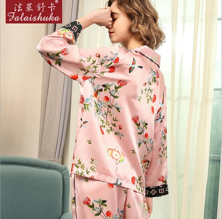 Silk Pajama Sets Two Piece Set Woman  Pink Flower Print 2019 Summer 100% Silk Stain Homewear Sexy Pajama Sets Pant Sleepwear XL