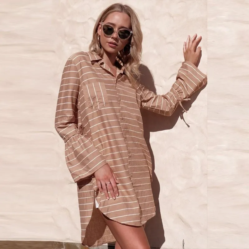 Womens Stripe Shirts Blouse Tops Casual 2018 Autumn Loose Lace-up High Low Long Ladies Sleeve Work |