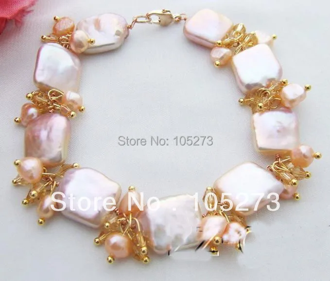 

New Arriver Chirstmas Jewellery ! Stunning White Color Natural Square Freshwater Pearls & Crystal Beads Bracelet Free Shipping