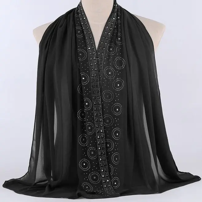 C14 black Жемчужные шифоновые мусульманские хиджабы женские блестящие шали роскошные бриллианты изысканный цветочный узор шарф в арабском стиле тюрбан, головной платок - Цвет: C14 black