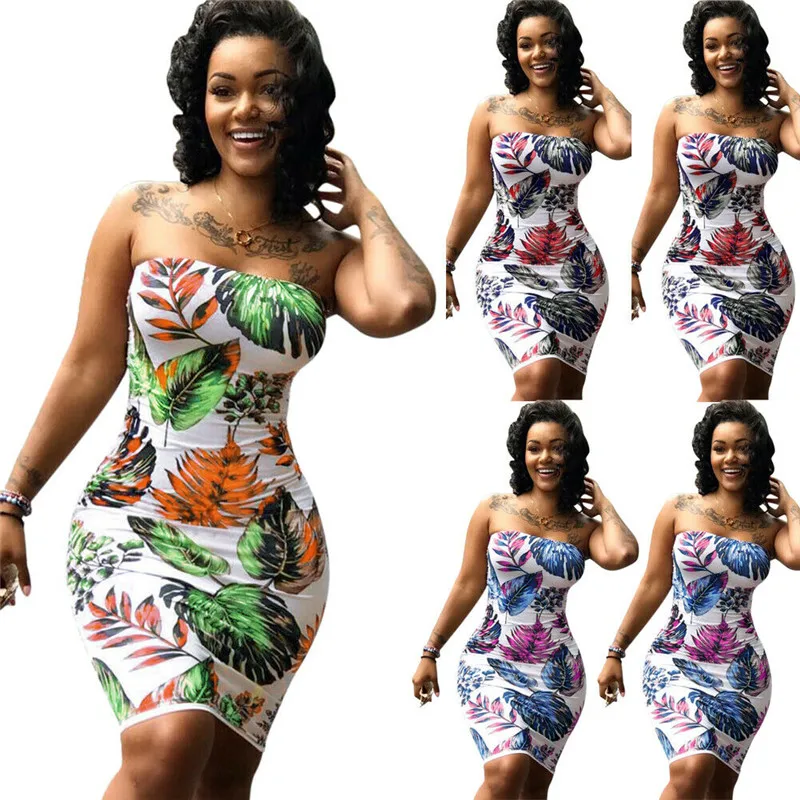Женское мини платье без бретелек летнее в форме листа стиле бохо облегающий