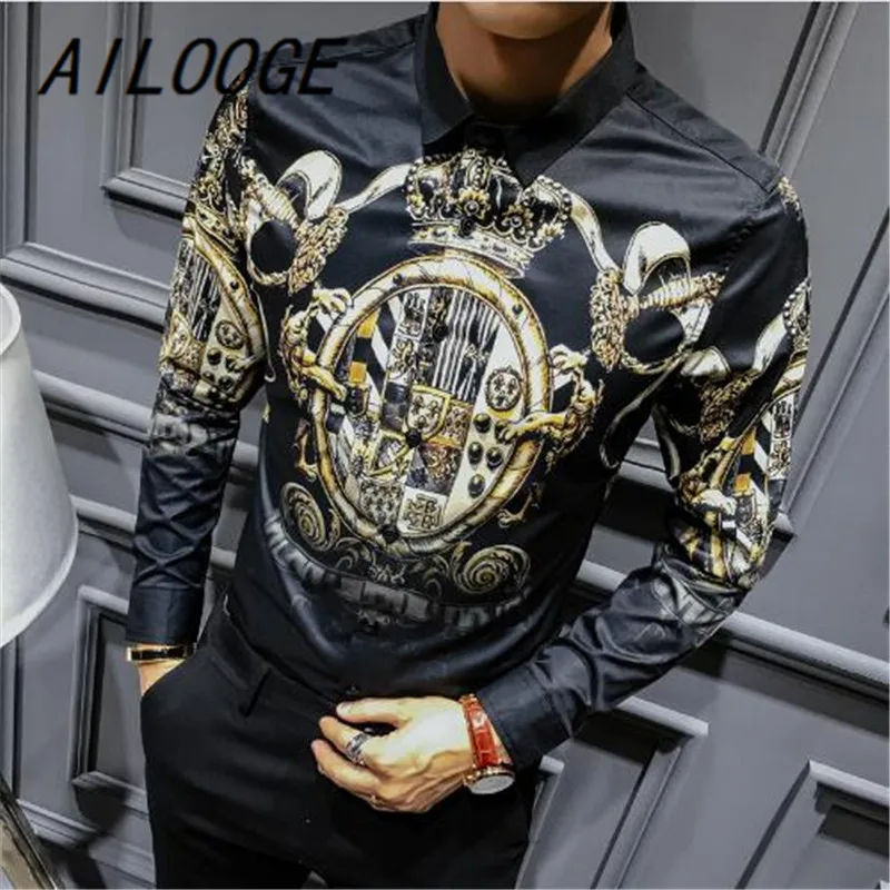AILOOGE черного и золотого цвета с принтом рубашка 2021 Новый барокко Slim Fit вечерние