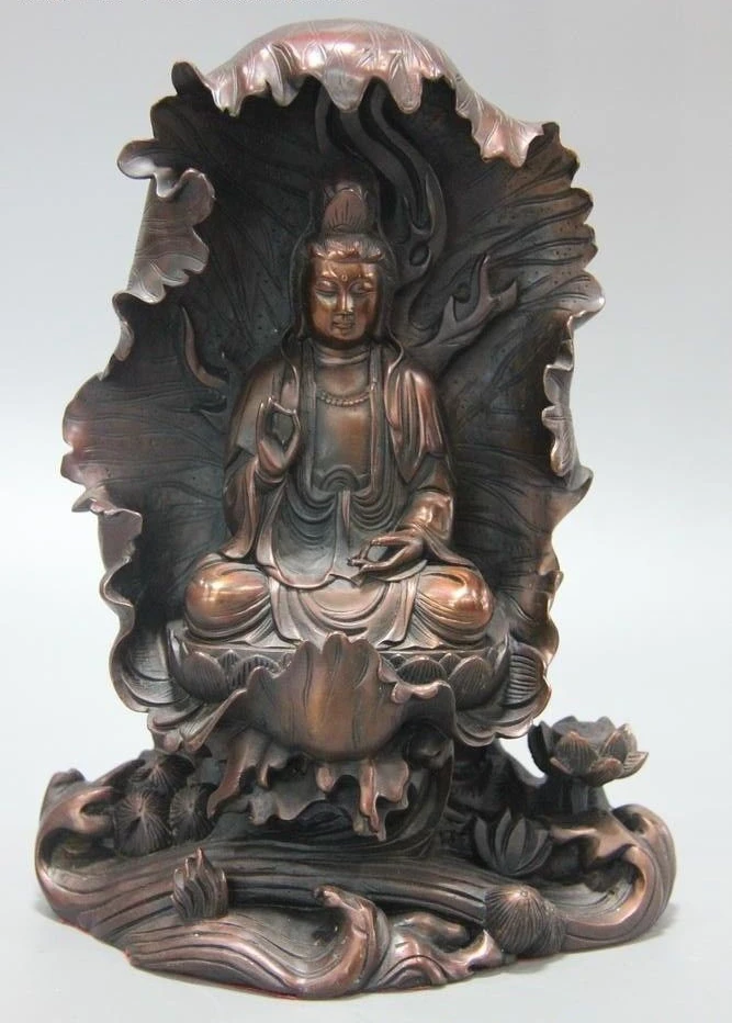Китайский буддийский из бронзы медный лист лотоса Kwan-yin статуя Бодхисаттвы