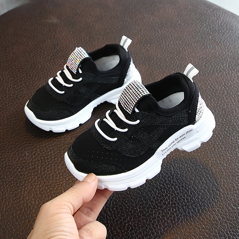 Черный Girls' rhinestone Sports Shoes New Fashion Children's Mesh Air-permeable Leisure Boys' Shoes 1-4 Years Old - Цвет: Черный