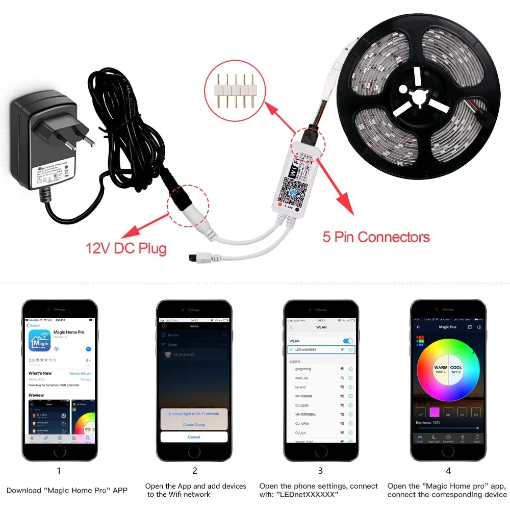 12 В постоянного тока Гибкая RGBW RGBWW WiFi Светодиодная лента работает с Amazon Alexa Google Home IFFFT SMD 5050 Светодиодный светильник с канатом+ 12 В 5A адаптер питания