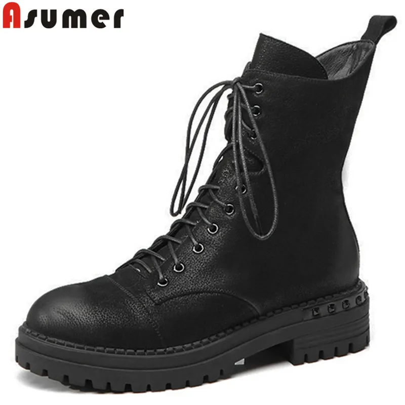 

ASUMER black fashion 2021 new genuine leather boots round toe zip ankle boots for women cross tied classic Motorcycle boots
