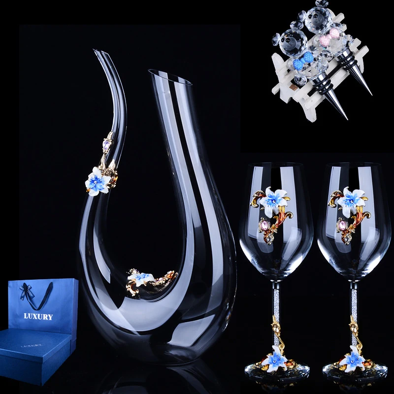 

European Style High-end Creative Enamel Crystal Cup Red Wine Cup Tall Glass Sobering Set Drill Wedding Gift Engraving