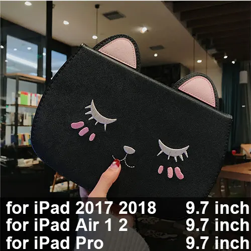 Чехол-подставка для планшета с милым котом из искусственной кожи для Apple iPad 4 9,7 Air 2 3 Pro 11 10,5 Mini 4 5 защитный чехол с Откидывающейся Крышкой - Цвет: Black