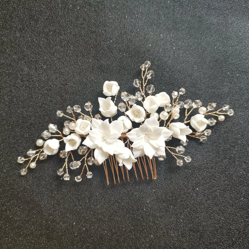 

SLBRIDAL Handmade Crystal Rhinestone Simulated Pearls Ceramic Flower Bridal Wedding Hair Comb Hair Pins Stickers Women Jewelry