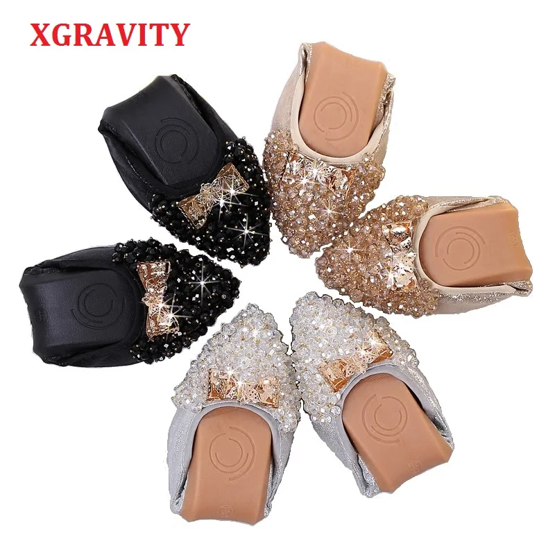 

XGRAVITY New Crystal Flats Ballet Flat Shoes Rhinestone Women Spring Autumn Butterfly Pointed Toe Gold Black Shoes Loafers C269