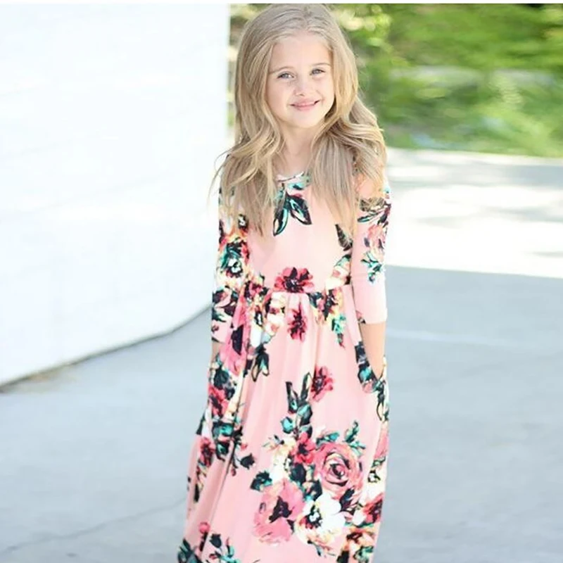 

children's dresses casual acetate peint kids girl drrsses flowers o-neck girls dresses for 2 3 4 6 8 10 year children's clothing