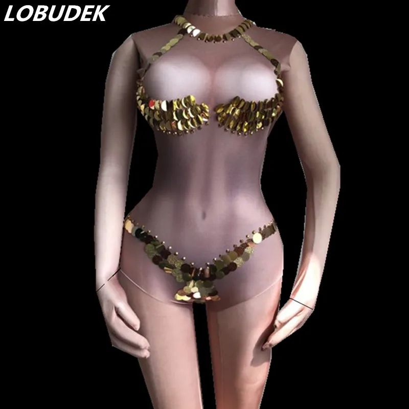 Gold Pink Sequins Nude Bodysuit Sexy Stretch Jumpsuit Nightclub DJ Women Singer Costume Bar Teams Party Pole Dancing Stage Wears