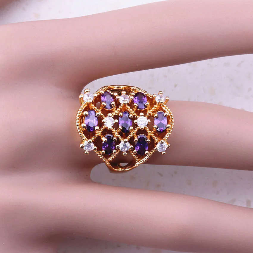 Веселые фиолетовые Кристальные кубические циркониевые кольца желтого золота