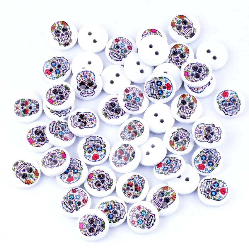 Бесплатная доставка 10 шт. произвольные смешанные с 2 отверстиями принтом черепа