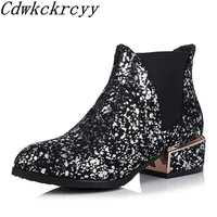 women boots winter new style fashion british style sequins trend short boots elastic band sharp head middle heel winter boots