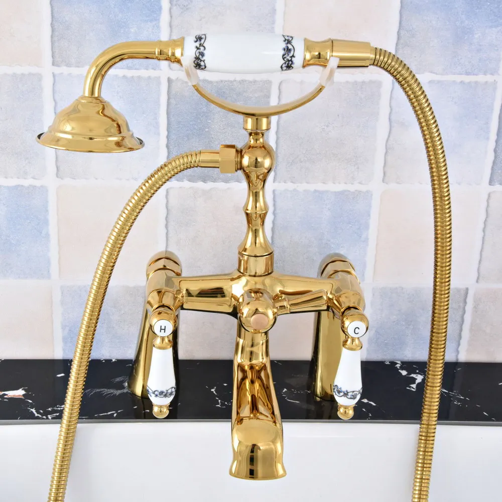 

Luxury Gold Color Brass Double Ceramic Flower Handle Deck Mounted Claw Foot Bathroom Tub Faucet Mixer Tap With Handshower mtf779