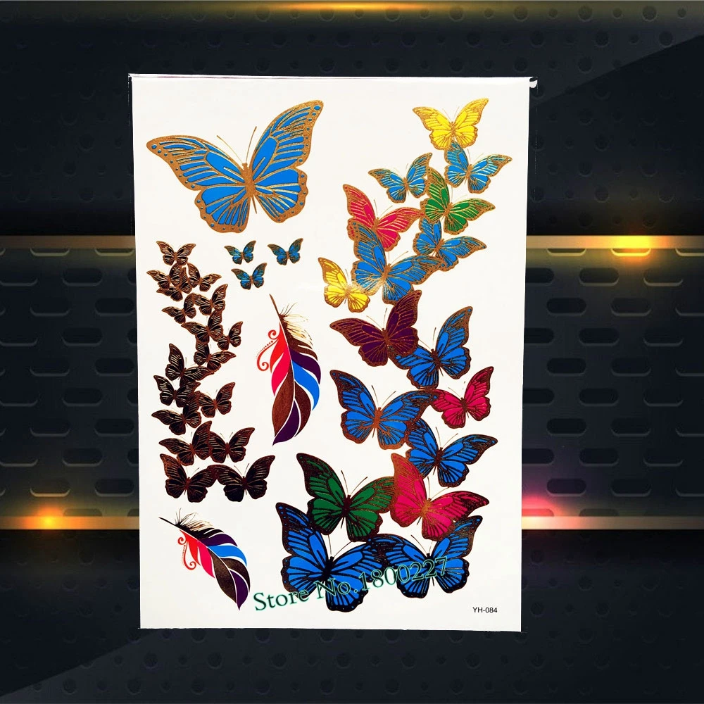 Водонепроницаемая временная татуировка Papillon золотая синяя бабочка 21x15 см