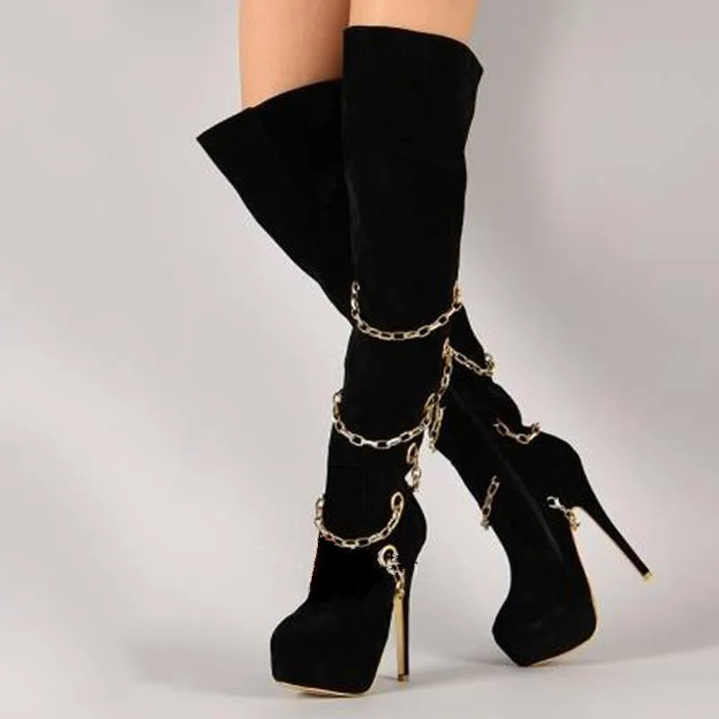 GOOGLORON/Новинка; женские ботинки; женские черные ботфорты на высоком каблуке; ботинки с золотой цепочкой; пикантные сапоги 16 см