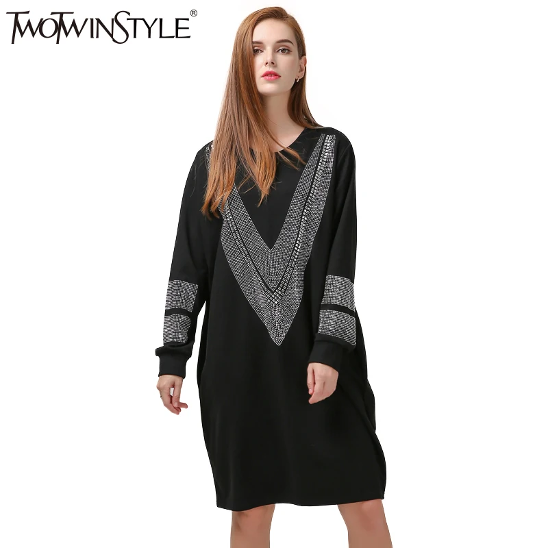 [TWOTWINSTYLE] 2019 осеннее свободное женское платье с длинным рукавом и v-образным