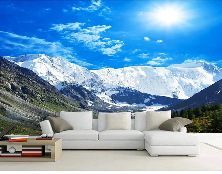 Custom Mural Waterproof Self-adhesive Wallpaper Blue Sky Snow Mountain Scenery 3D Photo Wall Paper For Living Room Bedroom Decor