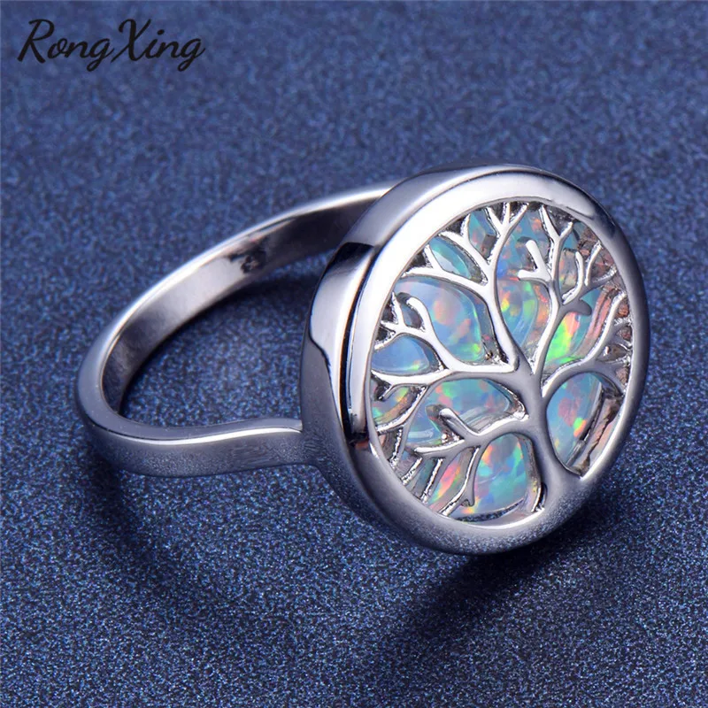 RongXing, большой Радужный камень, Белый огненный опал, камень рождения, дерево жизни, кольца для женщин, 925 пробы, заполненный серебром, подарки на год RS0225