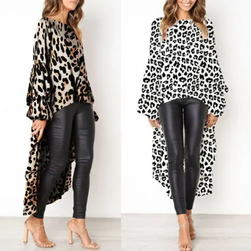 Женское асимметричное платье с леопардовым принтом Длинный топ круглым вырезом
